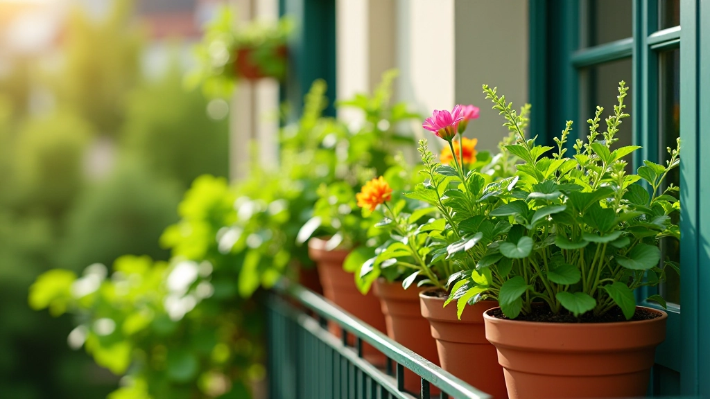 Balcon fleuri avec pots de fleurs colorées et herbes aromatiques en terracotta