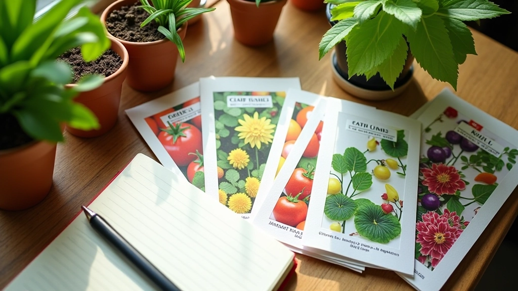 Plusieurs sachets de graines colorés posés sur une table en bois avec un carnet de plantation