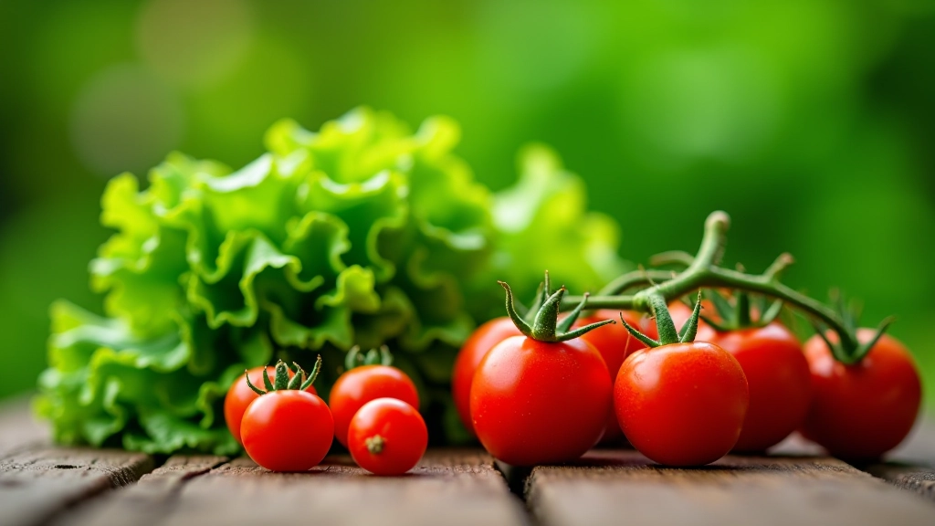 Récolte de légumes frais — tomates cerises rouges, herbes vertes, salades croquantes sur table en bois