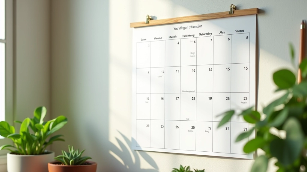 Gros plan sur un calendrier mural avec des symboles saisonniers et des notes manuscrites indiquant les tâches de jardinage par mois