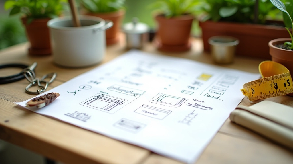 Papier avec croquis d'un plan de potager, semences et outils de jardinage alignés sur table