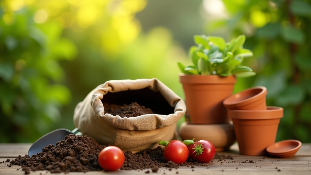 Sac de terreau ouvert montrant la terre riche, pelle de jardinage, et pots en terre cuite empilés