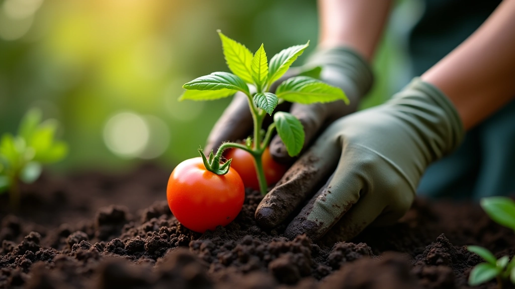 Mains plantant une jeune tomate dans un pot de terreau frais