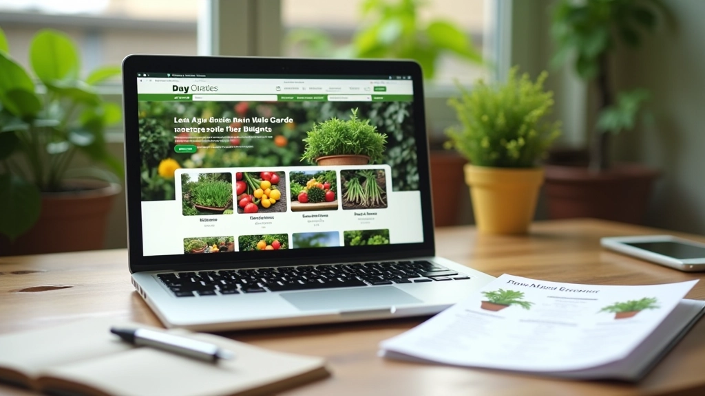 Comparaison entre une jardinerie physique et un écran d'ordinateur montrant un site de vente en ligne de plantes