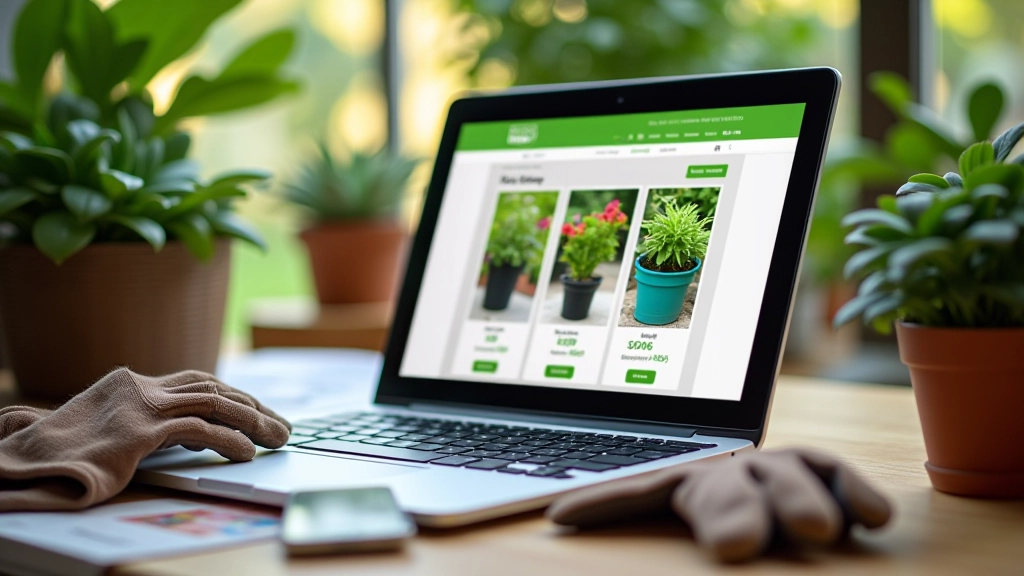 Écran d'ordinateur portable affichant un site de jardinerie en ligne avec panier