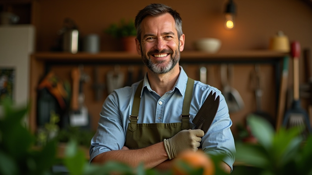 Portrait d'un homme avec des outils de jardinage, sourire accueillant, atelier de jardinage