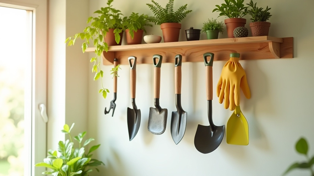 Collection d'outils de jardinage organisés par saison sur une étagère