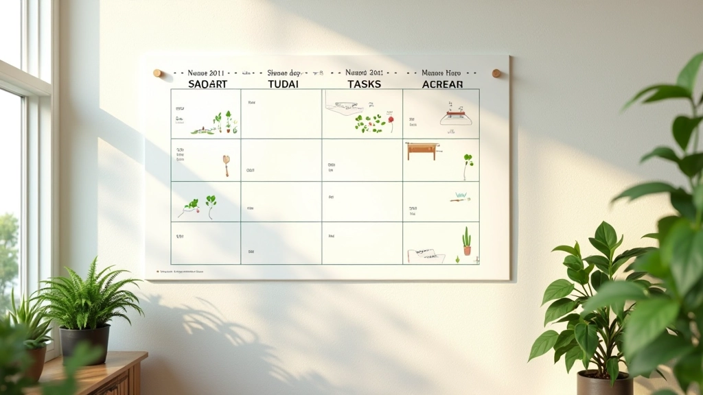 Calendrier saisonnier du jardin avec illustrations des tâches par saison sur un mur