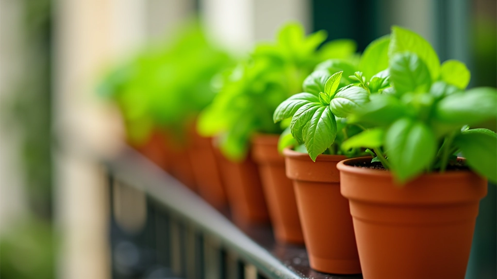 Pots de terracotta avec herbes aromatiques fraîches sur un balcon ensoleillé, vue rapprochée des feuilles vertes