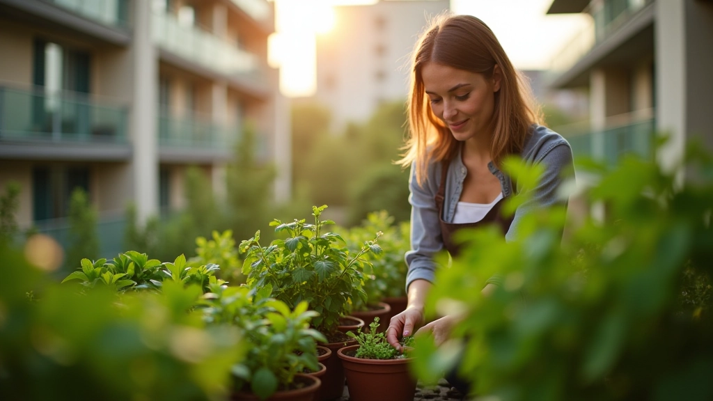 Femme arrangeant des plantes sur un balcon urbain avec vue sur la ville