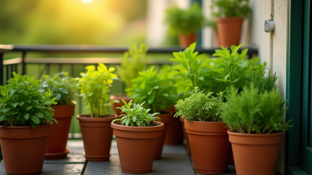 Petit balcon urbain avec pots de légumes et herbes aromatiques en rangées