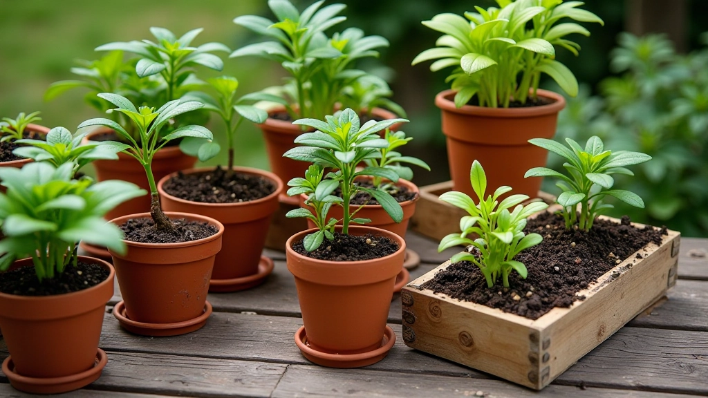 Arrangement de divers contenants de balcon incluant pots peints, boîtes en bois, et seaux en terracotta remplis de terre et de petites plantes vertes