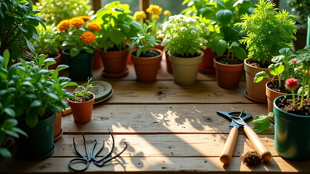 Jardin balcon avec plantes, herbes aromatiques et outils de jardinage sur table en bois