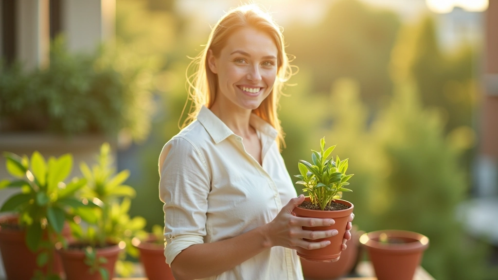 Femme en tenue décontractée tenant un petit pot de fleur devant un balcon partiellement aménagé avec plusieurs pots vides