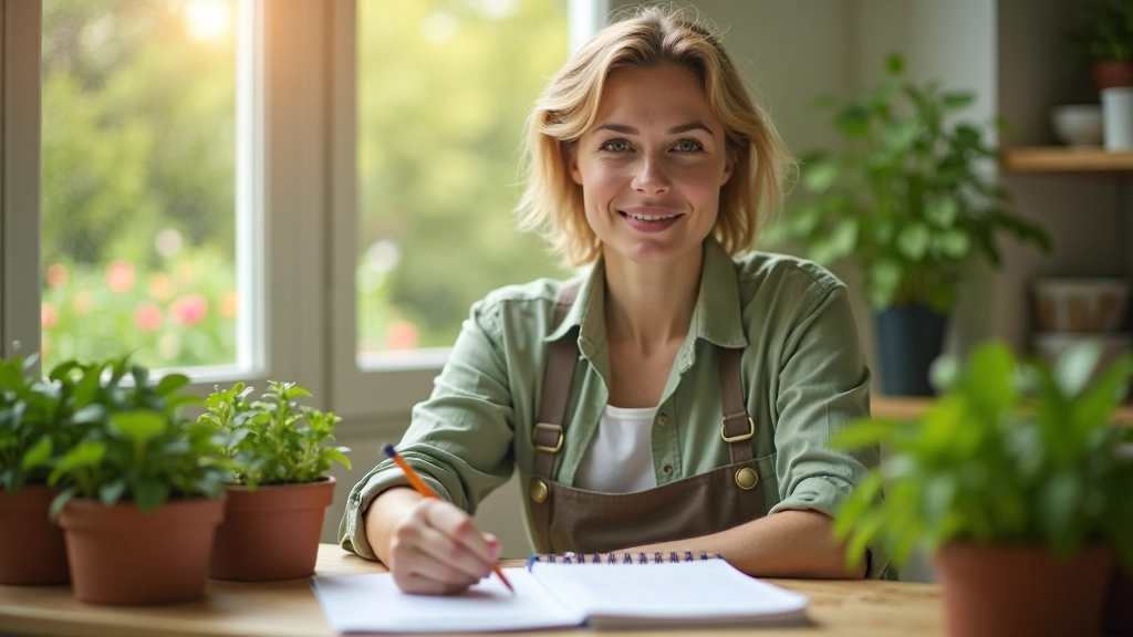 Femme planifiant son calendrier jardinier avec un cahier et un crayon à la main
