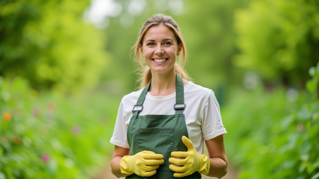 Portrait d'une femme jardinière avec des gants de jardinage, sourire confiant, jardin en arrière-plan