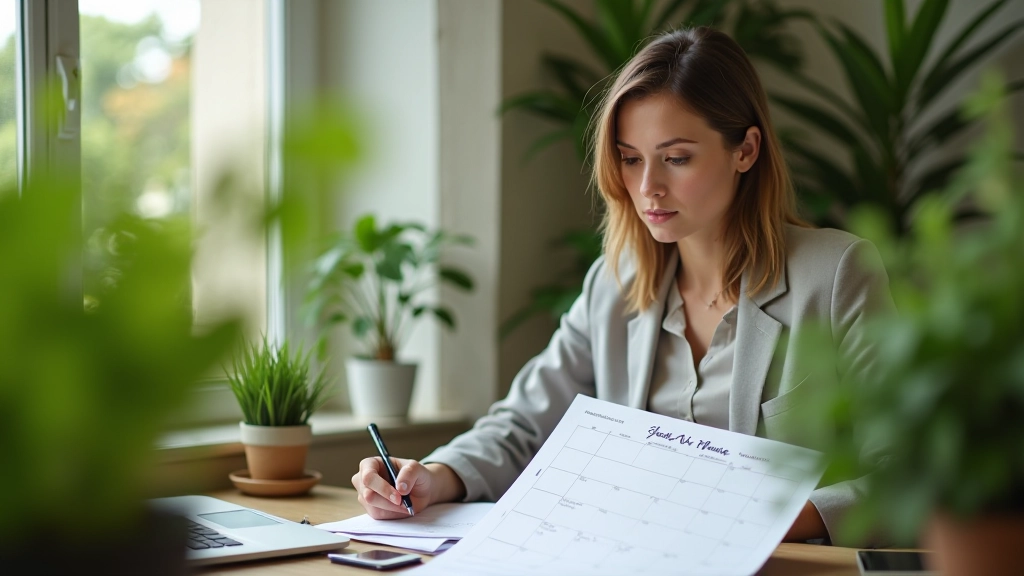 Portrait d'une femme avec un calendrier de planification, expression concentrée, bureau organisé
