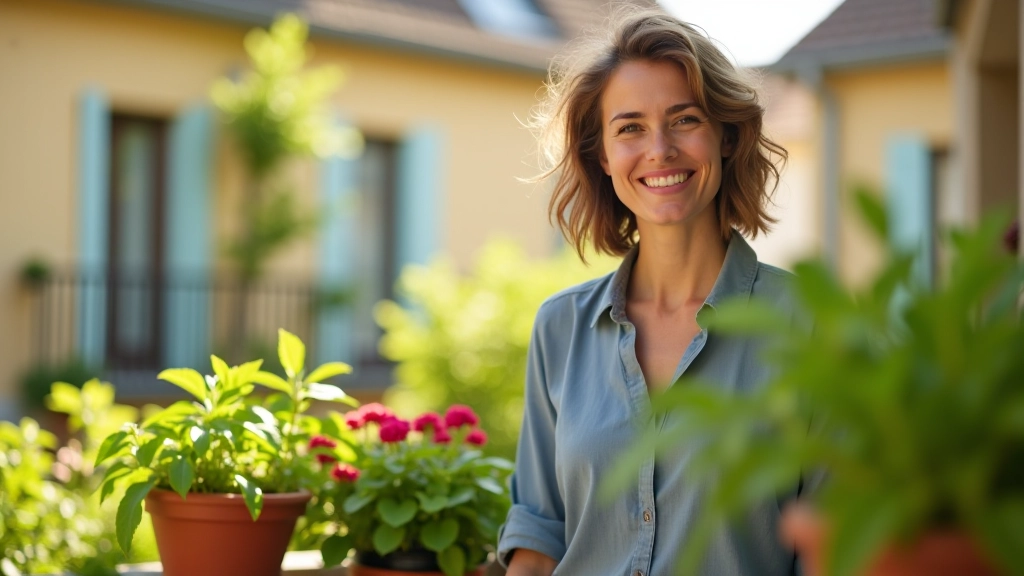 Femme souriante montrant son balcon avec des fleurs colorées et herbes aromatiques